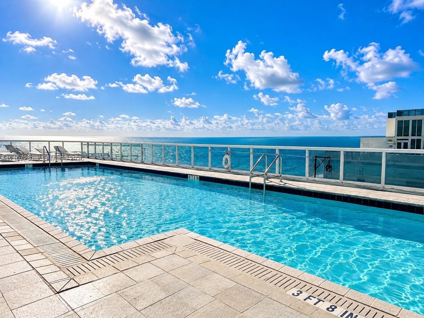 Elevated swimming pool featuring stone-tile decking, metal safety railing, and integrated pool drainage