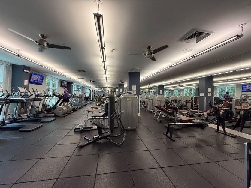 Fitness center featuring full-length wall mirrors, durable rubber flooring, linear LED lighting, and ceiling-mounted fans