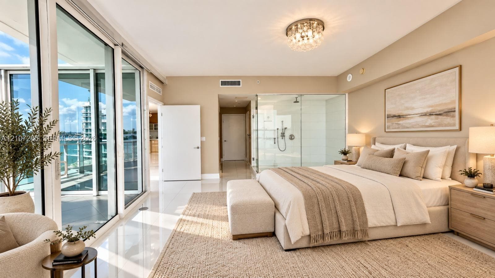 Floor-to-ceiling glass sliding doors, polished tile flooring, glass-enclosed shower, flush-mount crystal light fixture, and recessed lighting ( AI used for interiors )