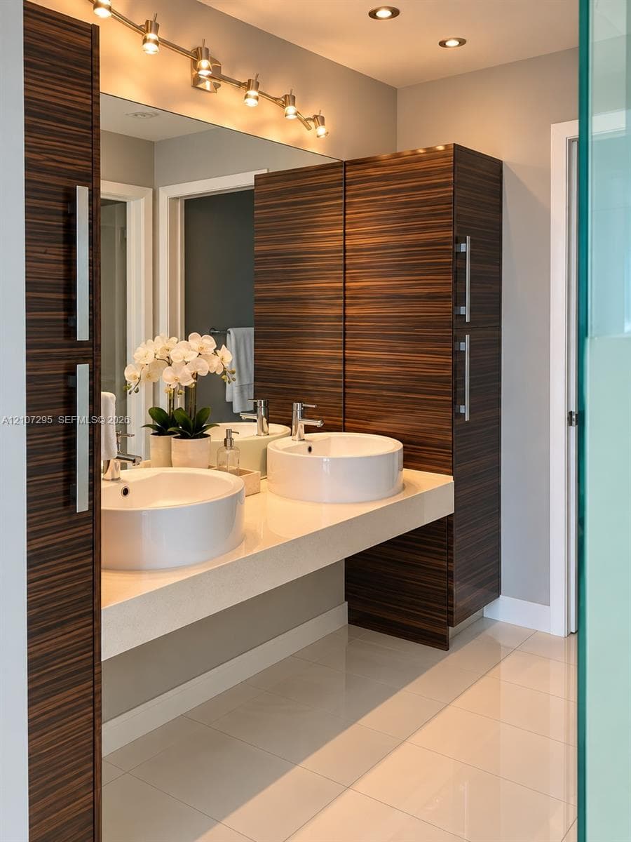 Floating vanity featuring a solid surface countertop, dual circular vessel sinks, wood-finish cabinetry, chrome hardware, and adjustable track lighting