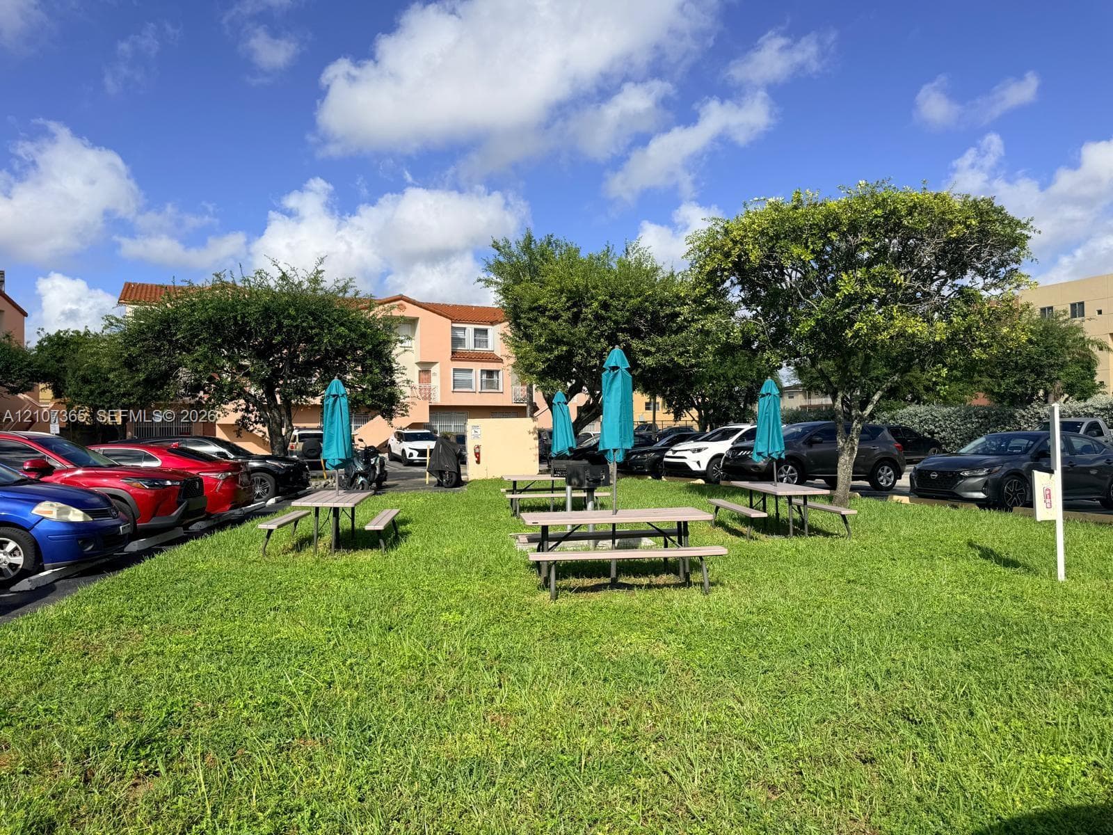 Common area featuring a manicured lawn, mature trees, and designated picnic zones