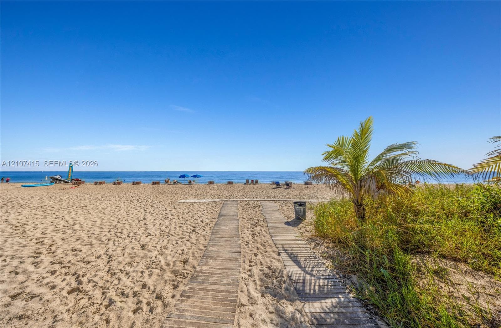 Sandy beach frontage featuring a wooden boardwalk and mature palm trees