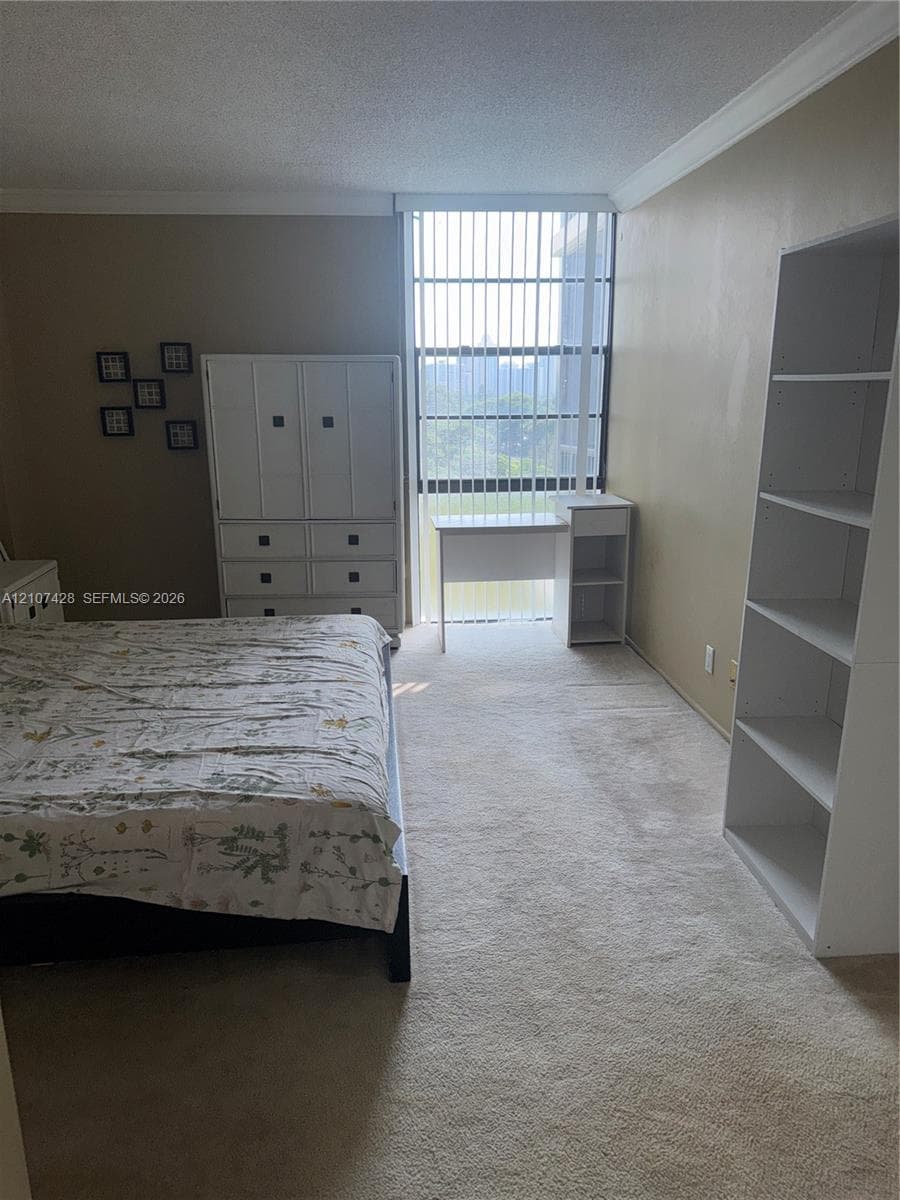 Floor-to-ceiling windows featuring vertical blinds, neutral carpeting, and crown molding