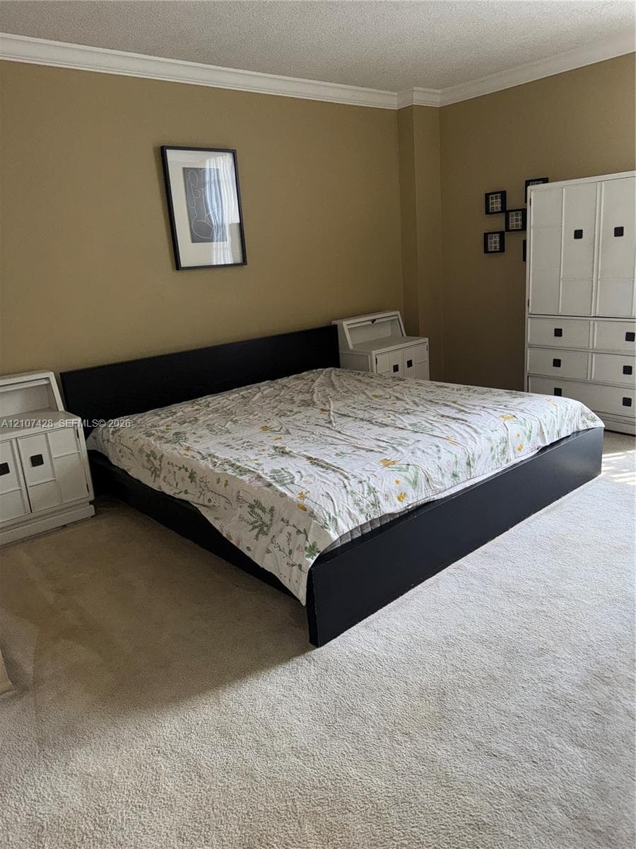 Neutral-toned interior space featuring crown molding and wall-to-wall carpeting
