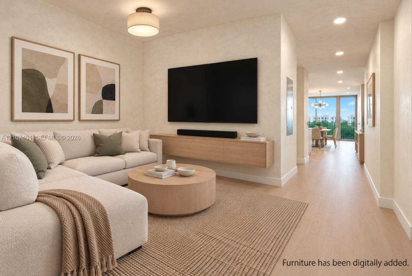 Wall-mounted light-toned cabinetry, wood-finish flooring, recessed ceiling lighting, and a drum-style flush-mount fixture
