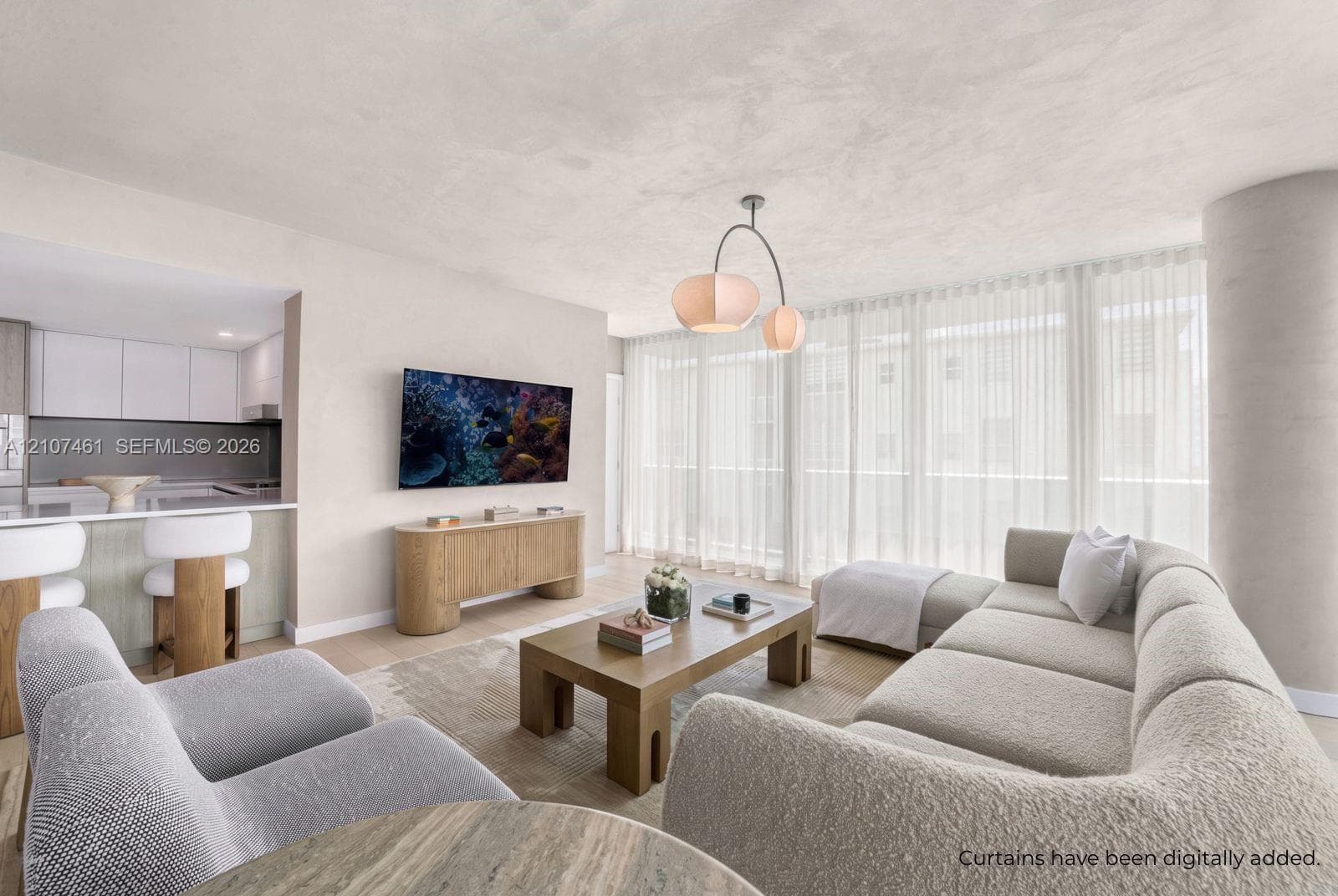 Open-concept interior featuring floor-to-ceiling windows, matte-finish walls, contemporary multi-bulb pendant lighting, and wood-finish flooring