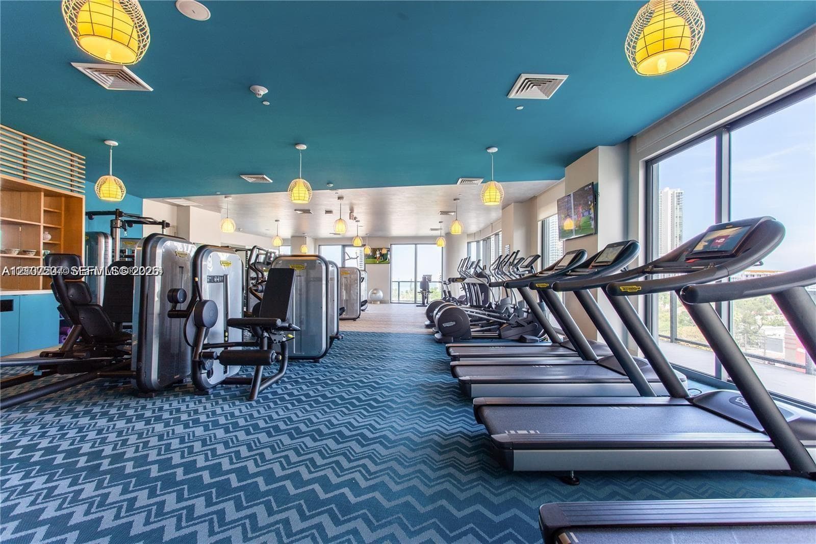 Fitness center featuring expansive floor-to-ceiling windows, patterned wall-to-wall carpeting, built-in cabinetry, and pendant lighting