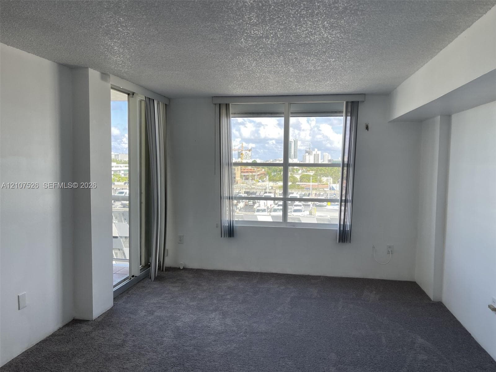 Interior space featuring grey wall-to-wall carpeting, large multi-pane windows, and a sliding glass door