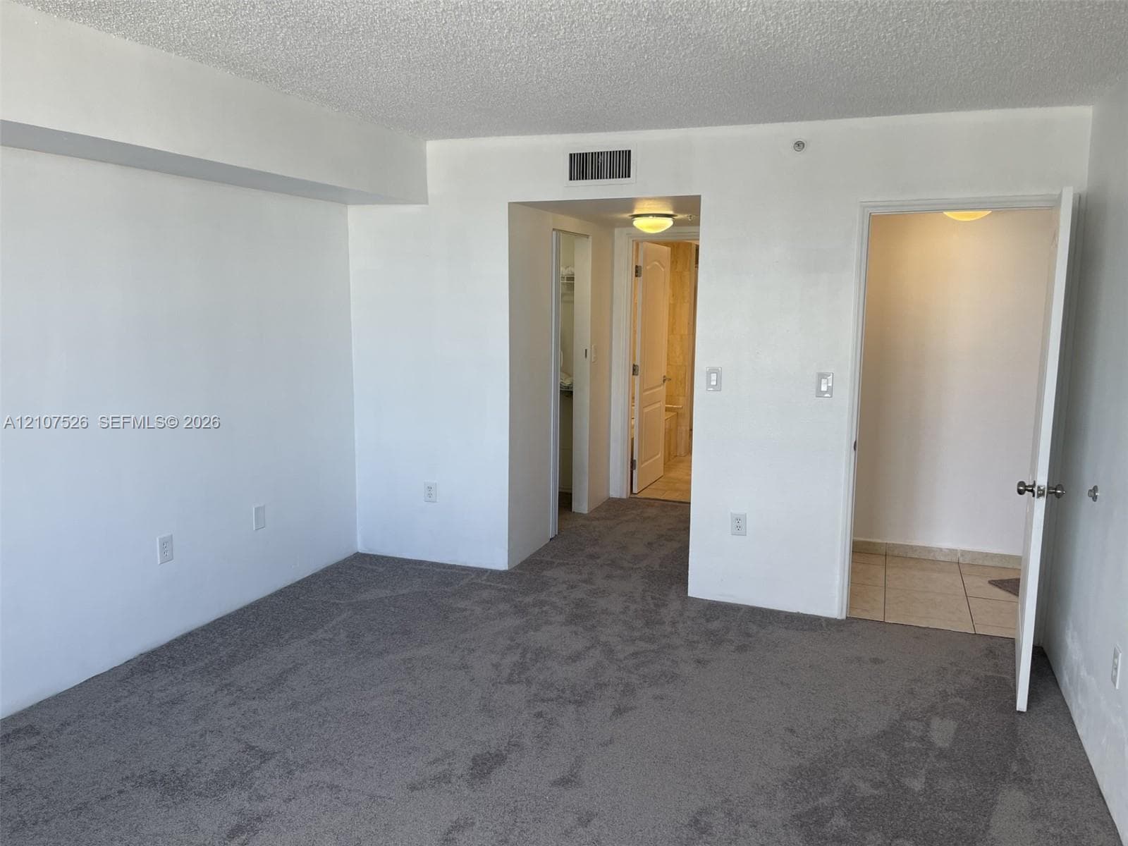 Neutral-toned carpeting, smooth-finish walls, ceiling-mounted lighting, and solid core interior doors