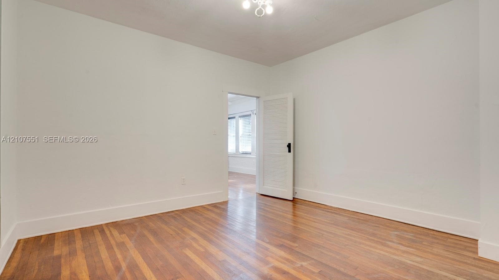 Room interior featuring wood-finish flooring, a white five-panel interior door with a black hardware set, and a ceiling-mounted light fixture