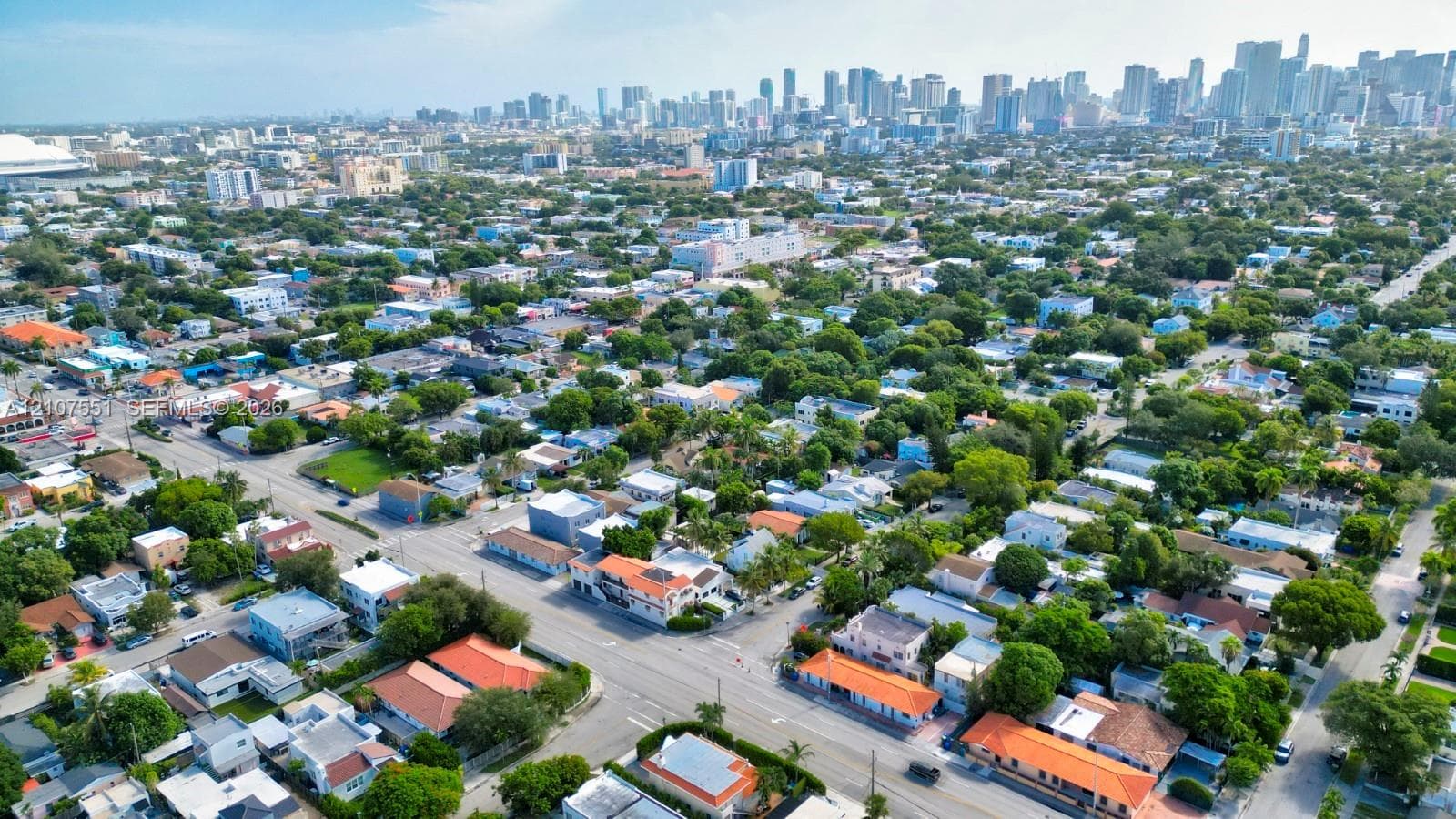 Aerial perspective featuring an established neighborhood with mature canopy trees and a backdrop of the urban skyline