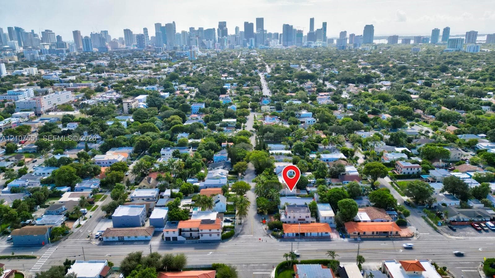 Aerial perspective featuring an urban skyline backdrop, mature canopy trees, and established neighborhood infrastructure