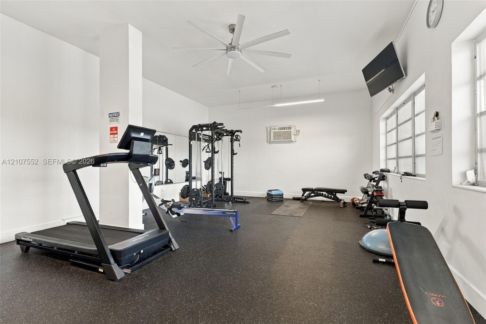Interior room featuring rubberized flooring, mirrored wall, multi-blade ceiling fan, and large windows