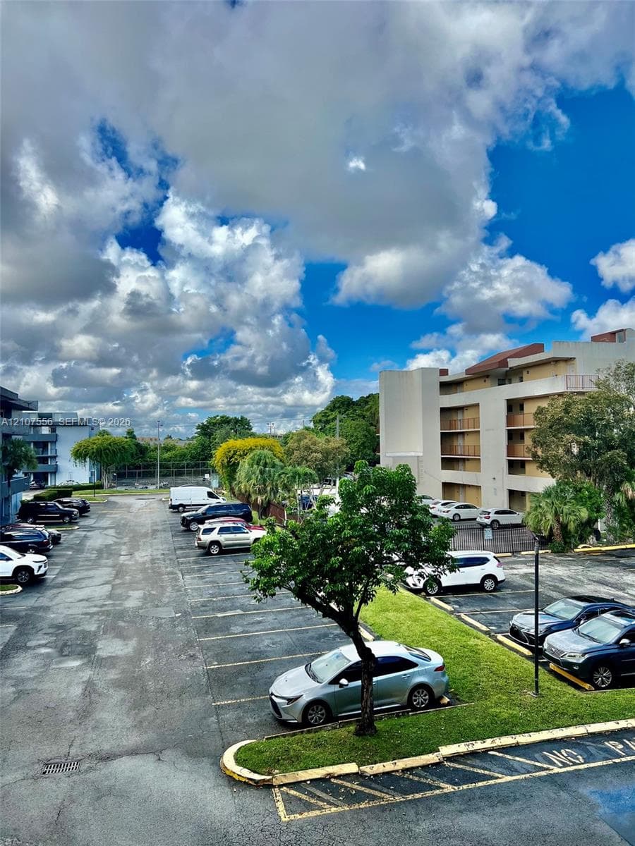 Asphalt-paved surface lot featuring marked parking stalls, mature trees, and designated landscape curbing