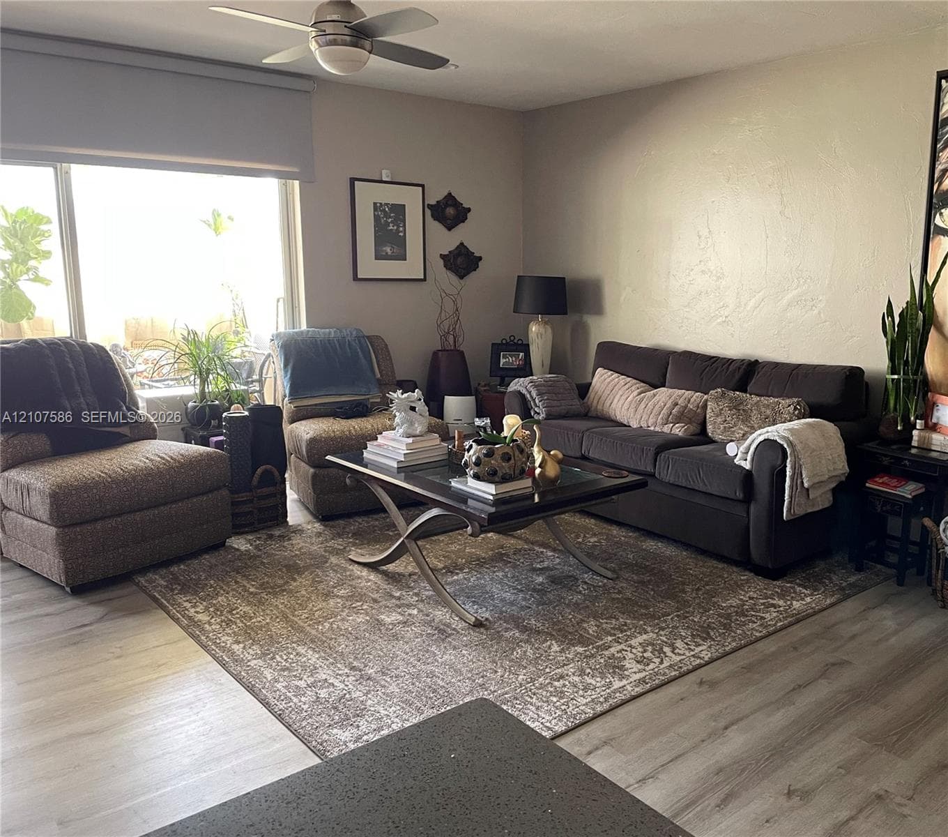 Living space featuring light-toned wood-finish flooring, a large window with a roller shade, and a ceiling fan