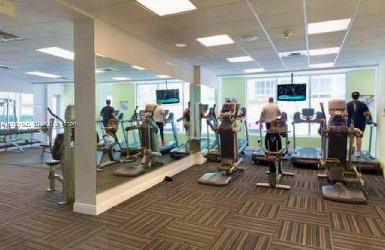 Fitness center featuring wall-to-wall mirrors, patterned carpet tiles, drop ceiling with integrated lighting, and expansive windows