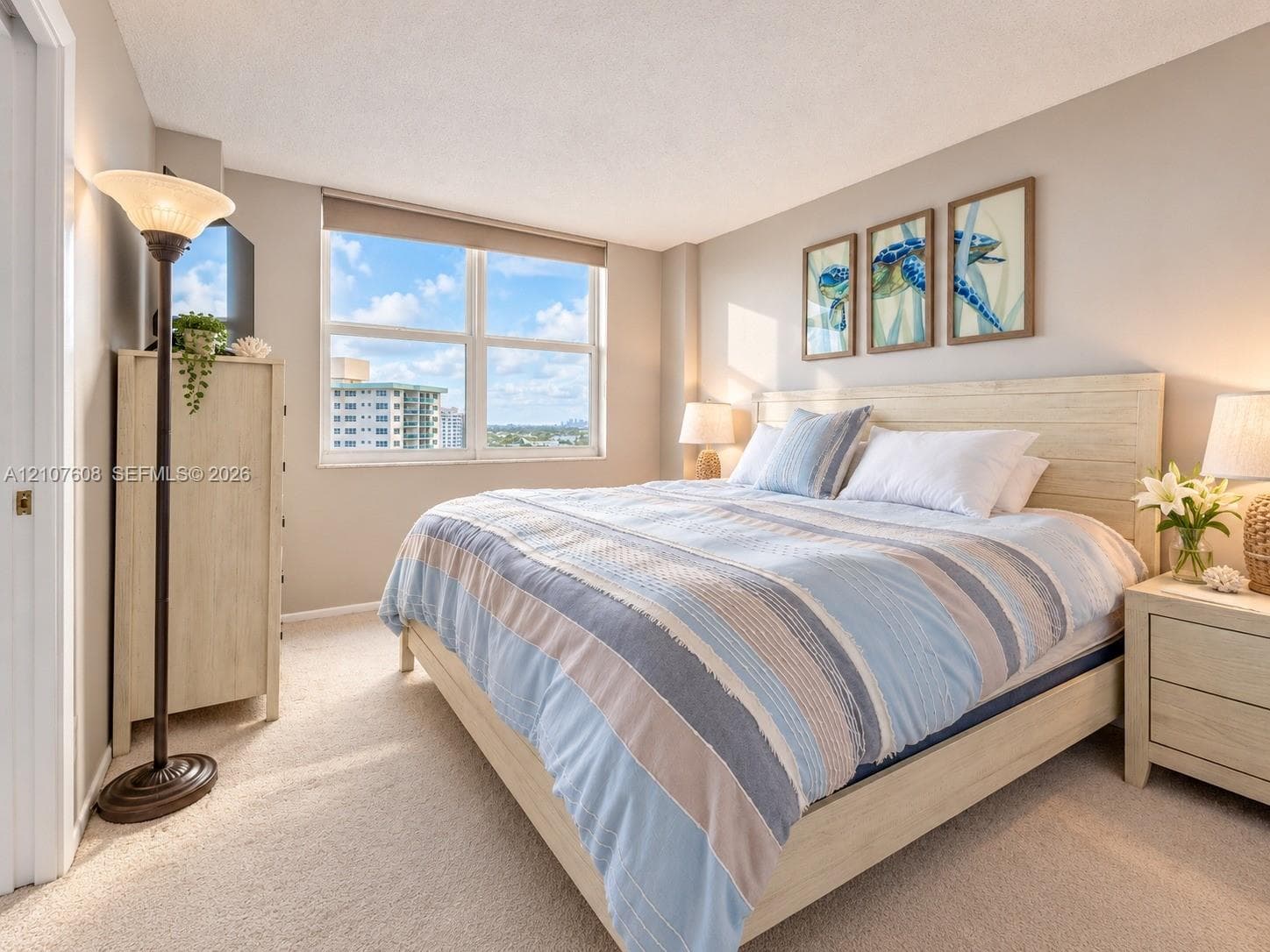 Neutral-toned interior space featuring neutral wall paint, wall-to-wall carpeting, and a large multi-pane window with a roller shade
