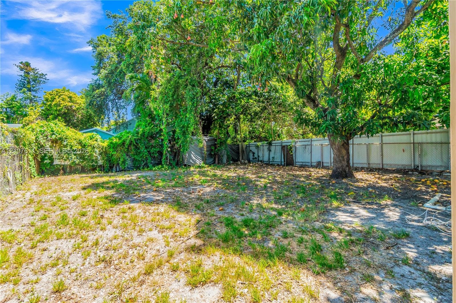Expansive backyard featuring mature trees, partial perimeter fencing, and open ground