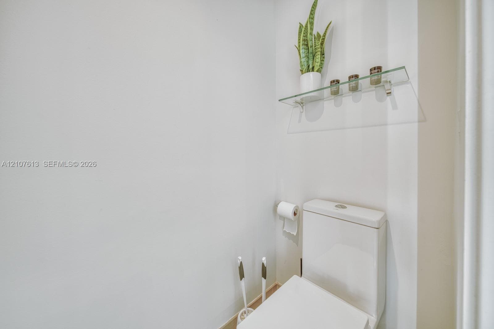 Wall-mounted glass shelving and white dual-flush toilet