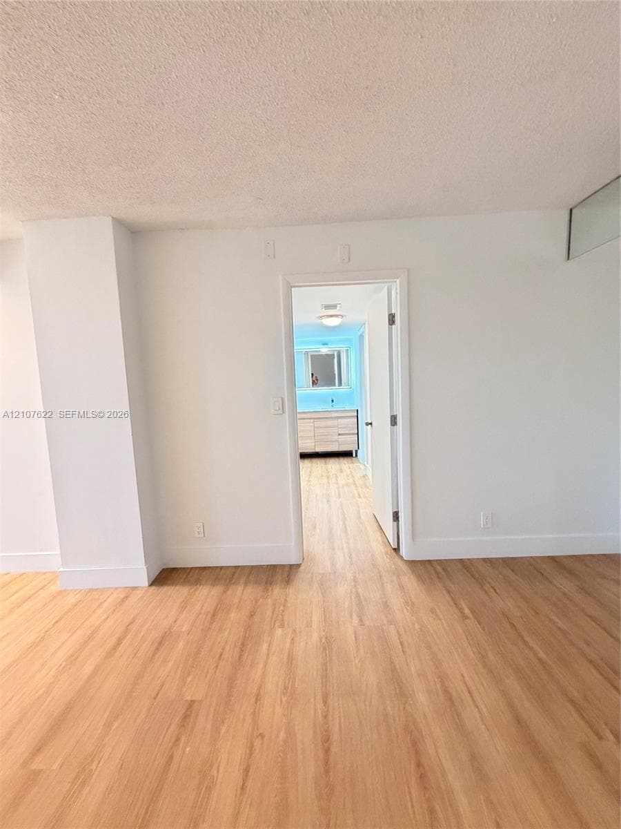 Wood-finish flooring throughout, featuring a single-panel interior door and a vanity with cabinetry