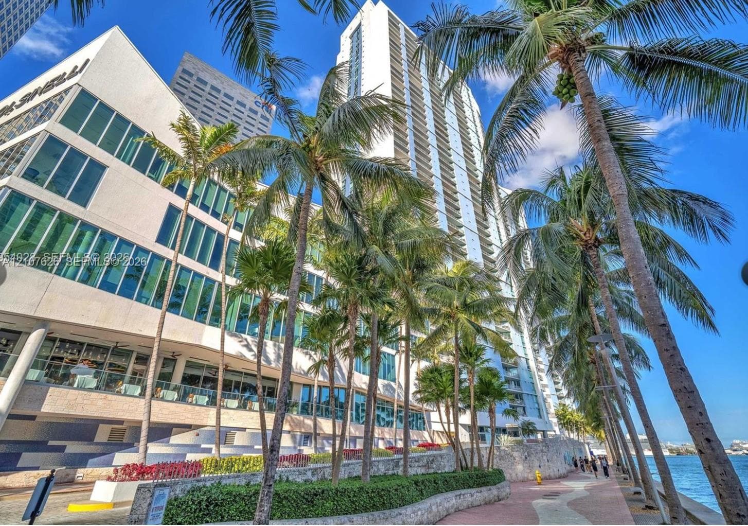High-rise exterior featuring expansive glass windows, concrete façade, palm-lined pedestrian walkway, and stone-finished retaining walls