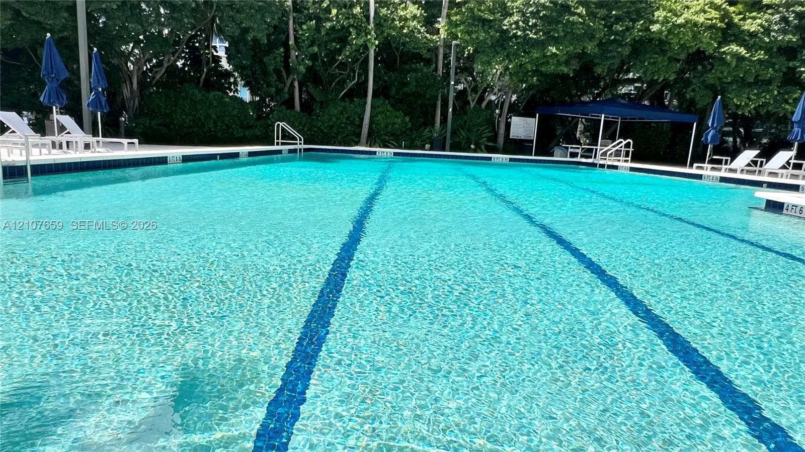 Large lap pool featuring lane markings, tile surround, integrated metal entry handrails, and a diving board