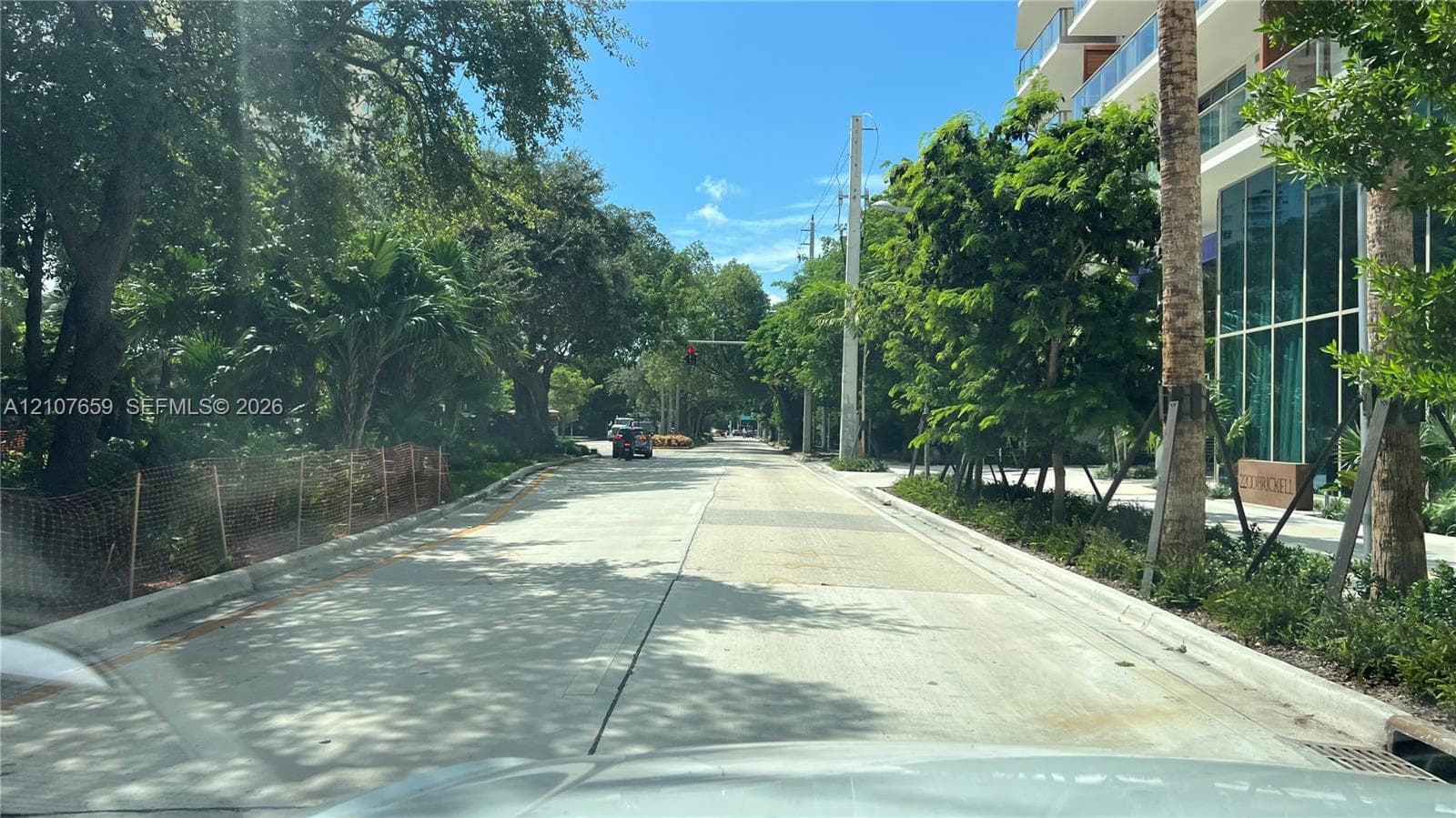Tree-lined thoroughfare featuring concrete paving, mature landscaping, and modern glass-facade structures