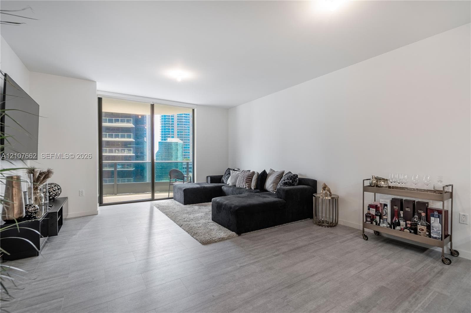 Living area featuring wood-finish tile flooring, neutral walls, and a large sliding glass door providing external balcony access
