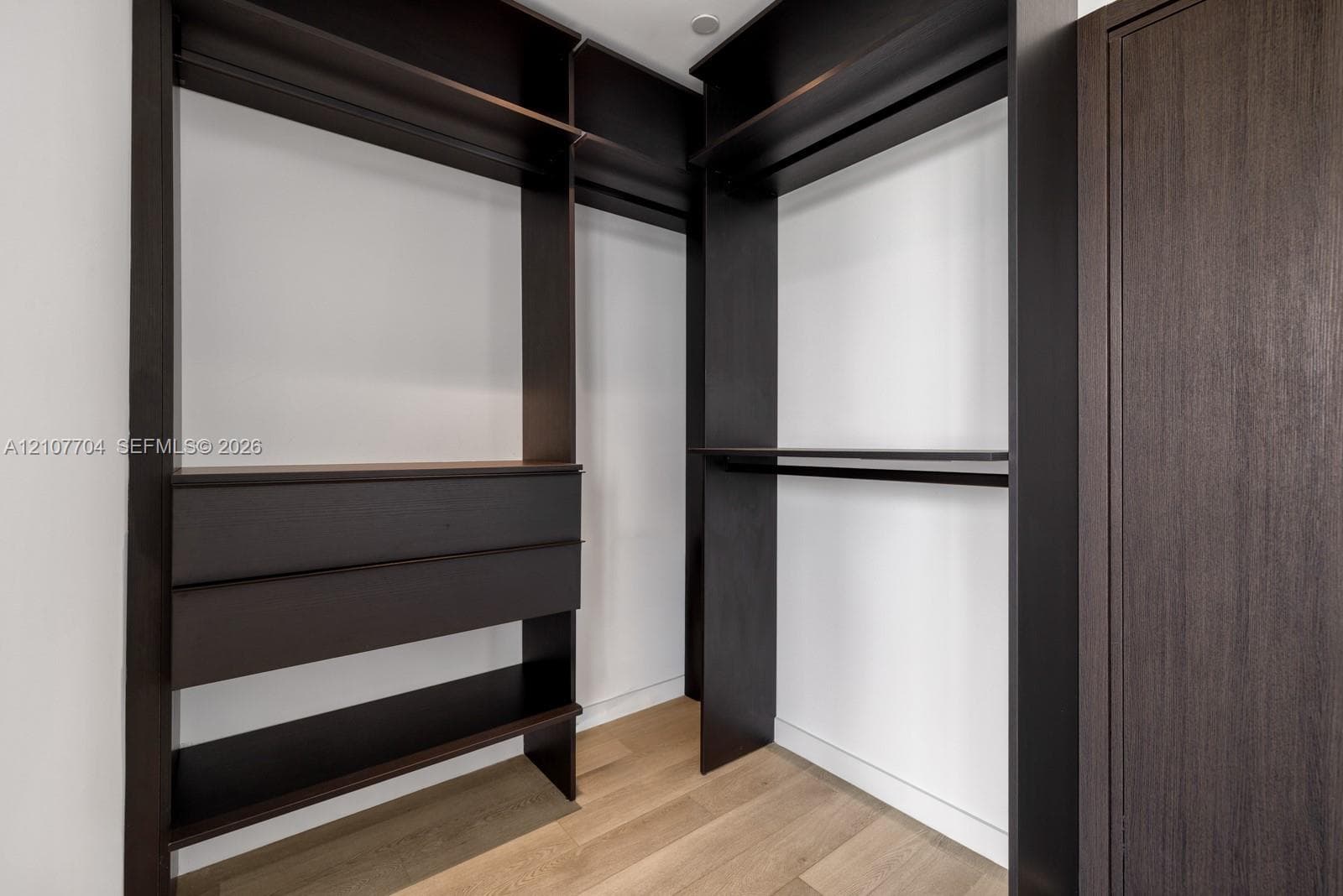 Built-in closet system featuring dark wood-finish cabinetry, integrated shelving, tiered hanging rods, and drawers, complemented by light wood-finish flooring