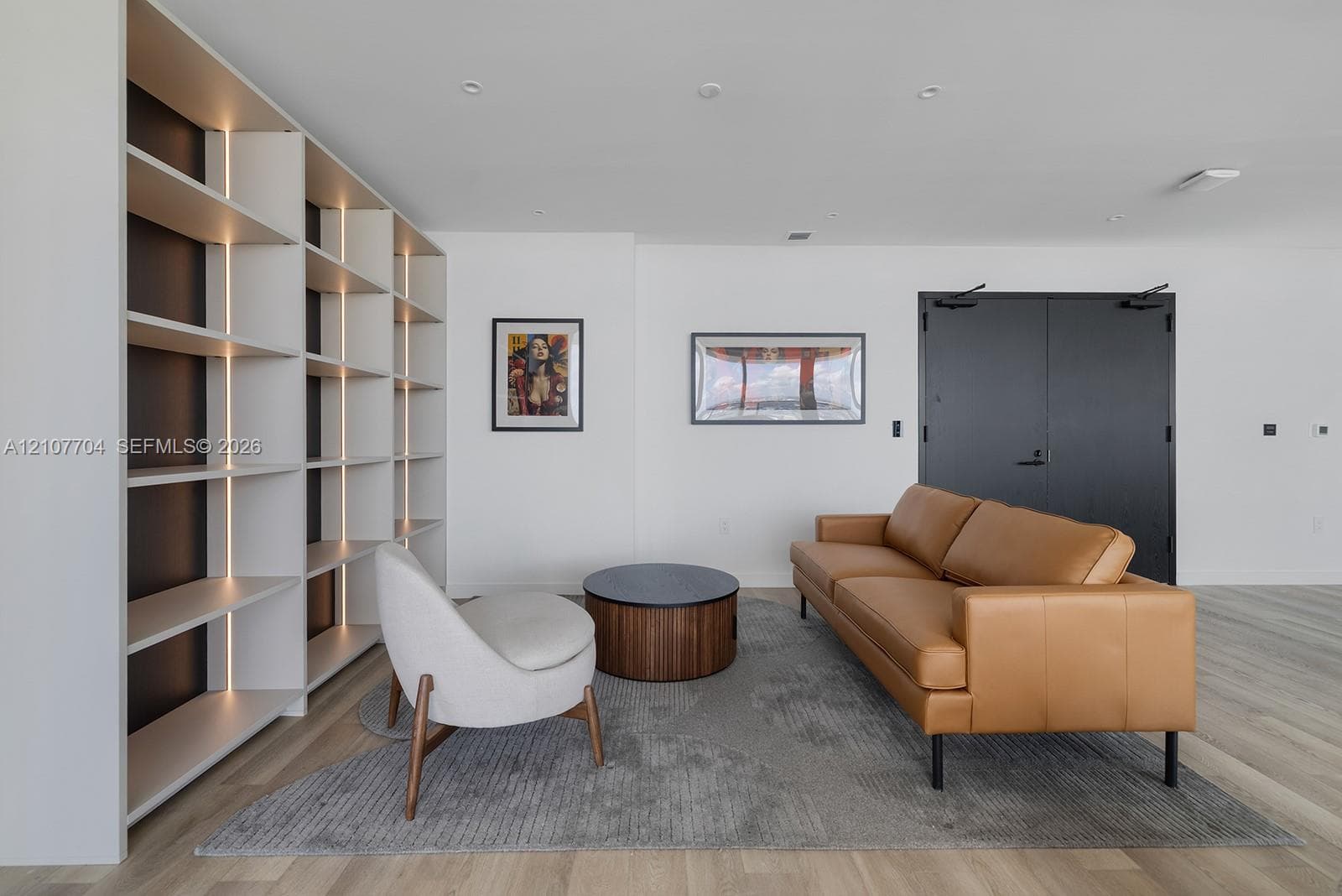 Custom built-in floor-to-ceiling shelving with integrated vertical lighting, wood-finish flooring, and double-door entry