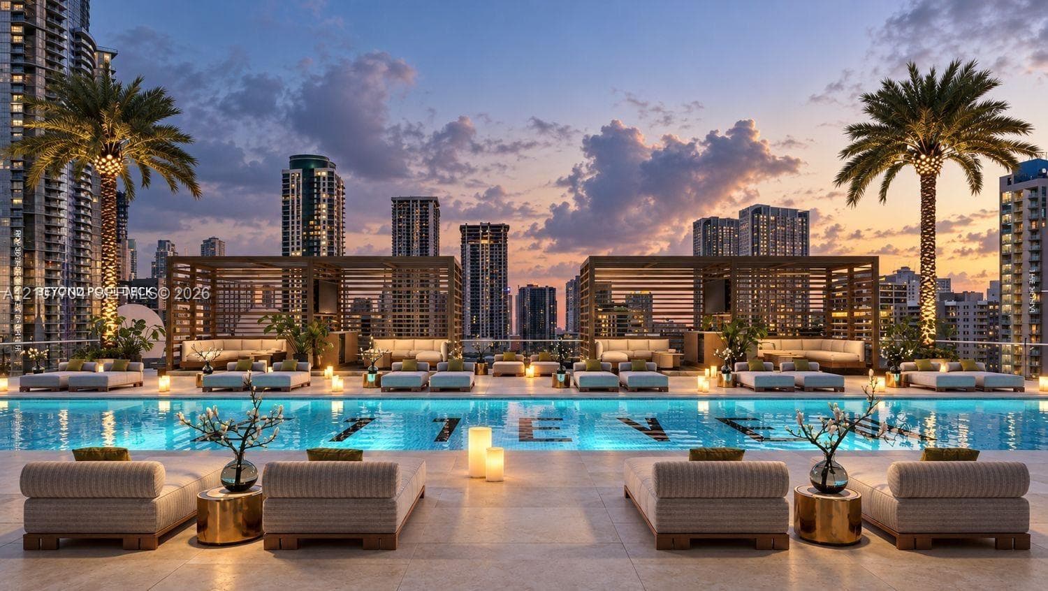 Rooftop pool deck featuring an expansive stone-tile deck, integrated aquatic pool, dual slatted-wood pergolas, and perimeter glass railings