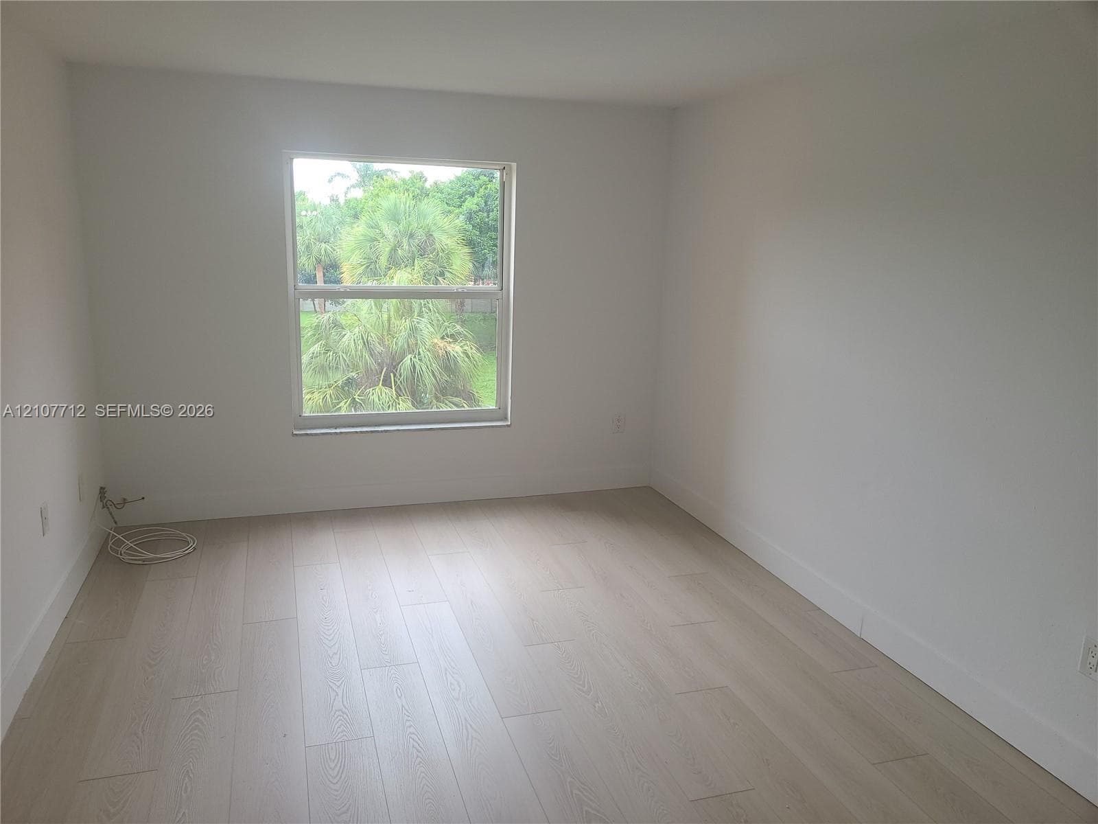 Neutral interior space featuring wood-finish flooring, crisp white walls, and a single-pane window with exterior greenery
