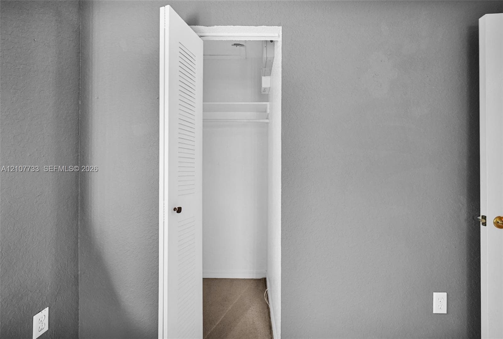 Closet featuring a louvered door, built-in shelving, and carpeted flooring