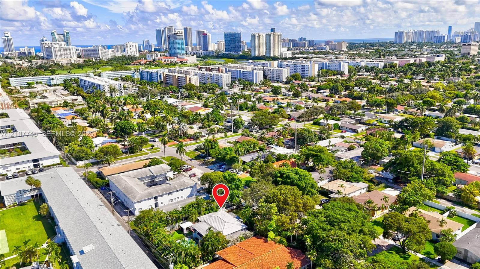 Aerial perspective of a residential property featuring a pitched roof, mature trees, and an urban cityscape horizon