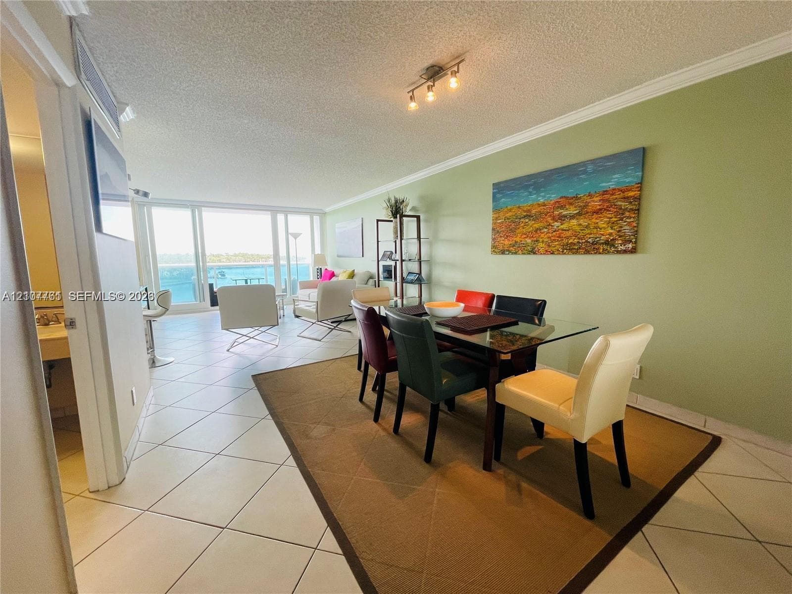 Open-concept living space featuring ceramic tile flooring, floor-to-ceiling glass sliding doors, and a track lighting fixture