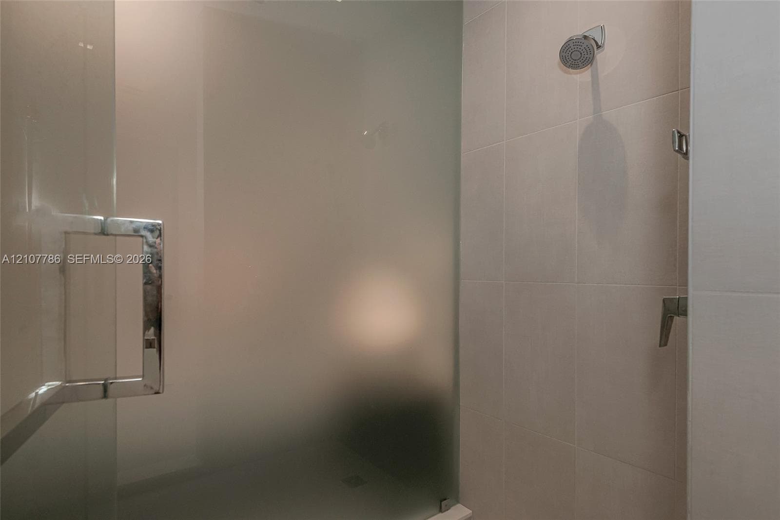 Walk-in shower featuring large-format wall tile, a frameless frosted glass door, polished chrome hardware, and a fixed showerhead