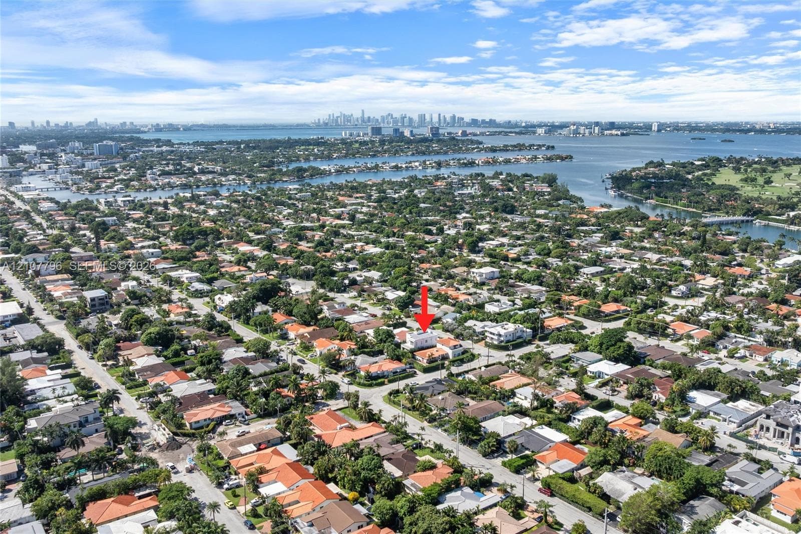 Aerial perspective of a residential property situated in a coastal neighborhood, featuring mature tree canopy, proximity to waterways, and a distant urban skyline backdrop