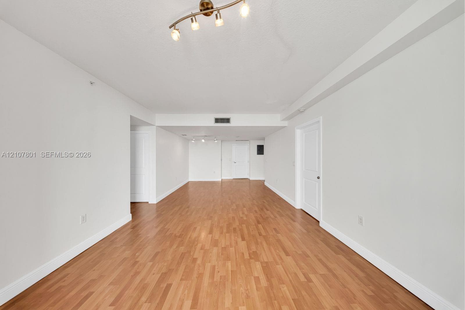 Interior space featuring wood-finish flooring, white walls, multi-bulb track lighting, and interior doors with paneled detailing