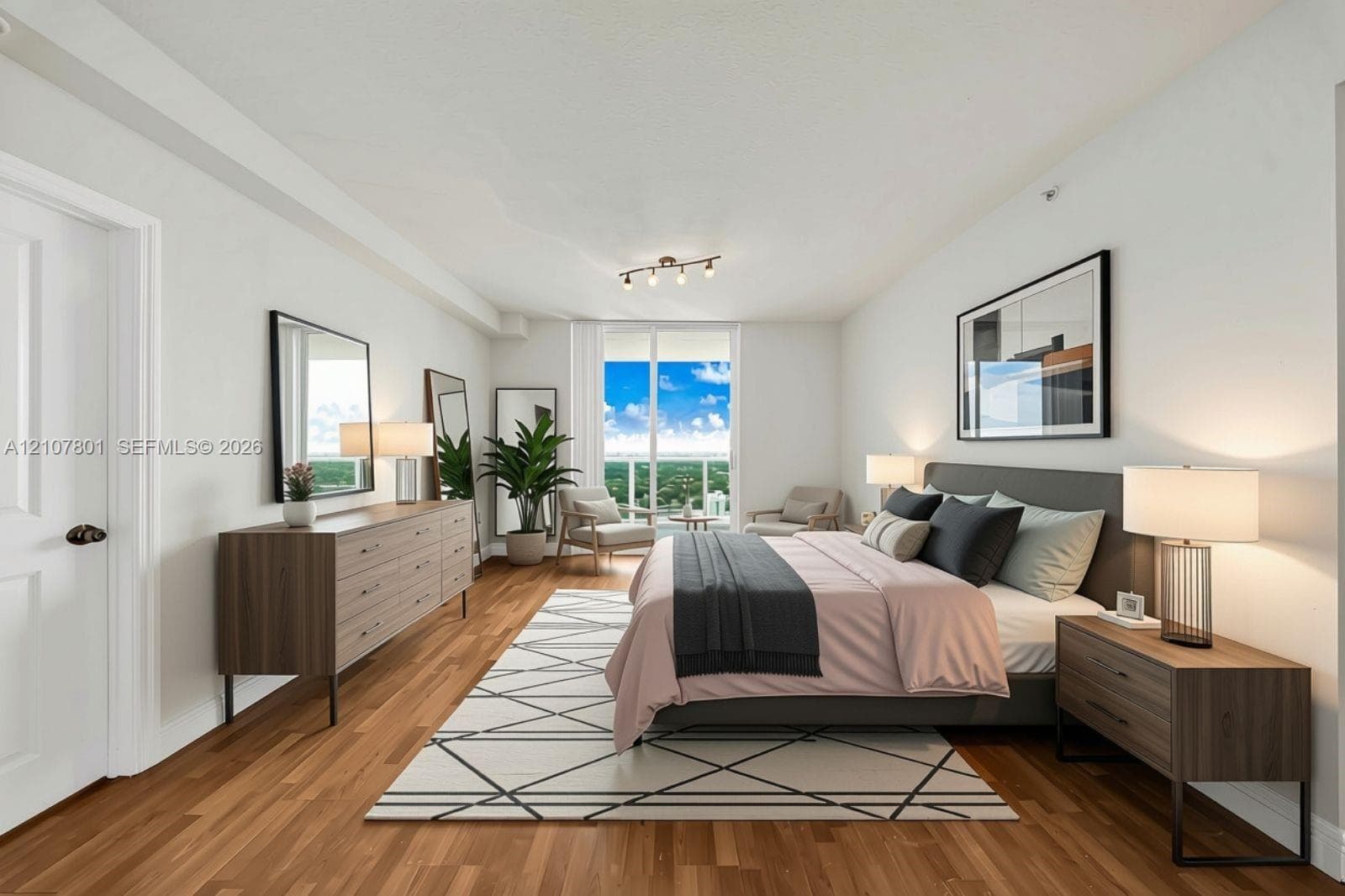 VIRTUALLY STAGED - Wood-finish flooring, floor-to-ceiling glass door, metal-frame balcony railing, and multi-bulb track lighting