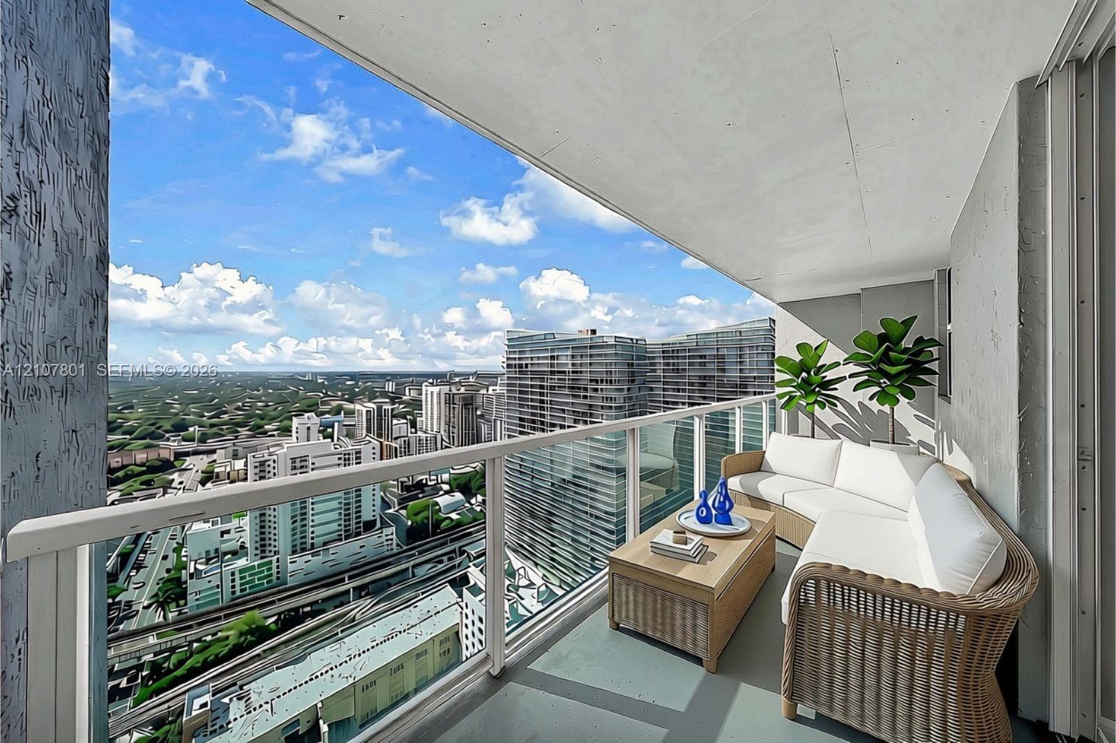 VIRTUALLY STAGED - Covered balcony featuring a glass and metal railing, concrete ceiling, and expansive urban scenery