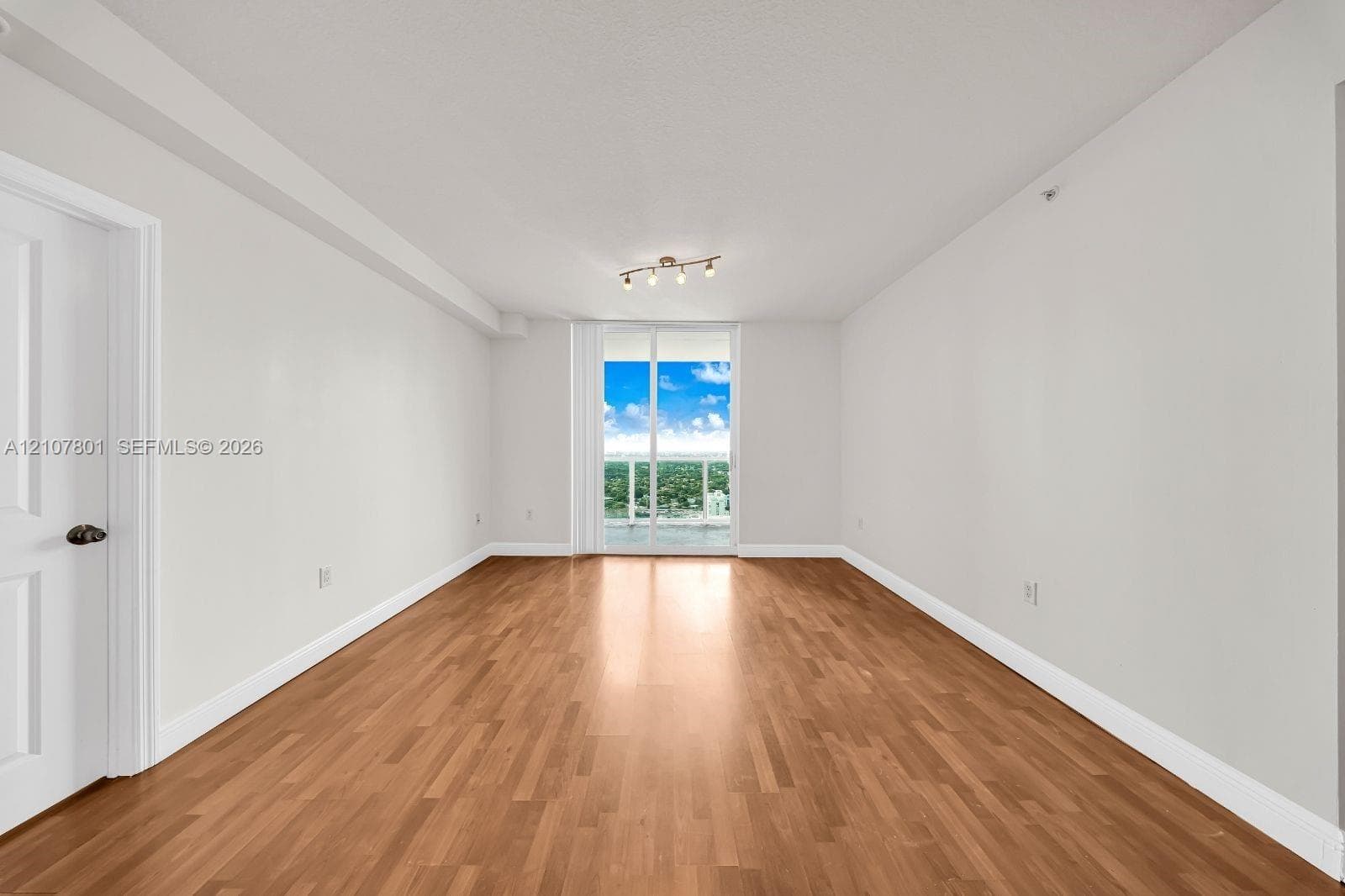 Interior space featuring wood-finish flooring, neutral wall tones, multi-bulb track lighting, and a sliding glass door providing external access