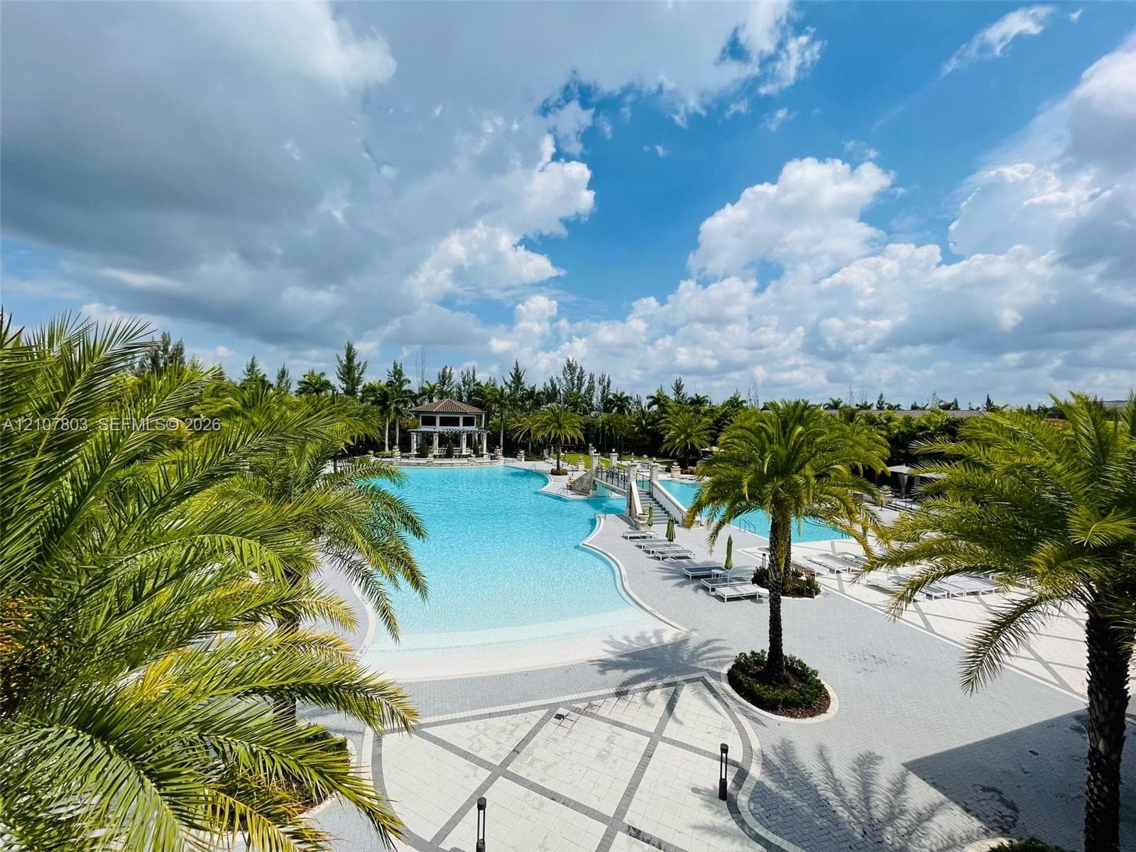Extensive swimming pool featuring a sloped entry, stone-paver decking, arched stone footbridge, and mature palm trees