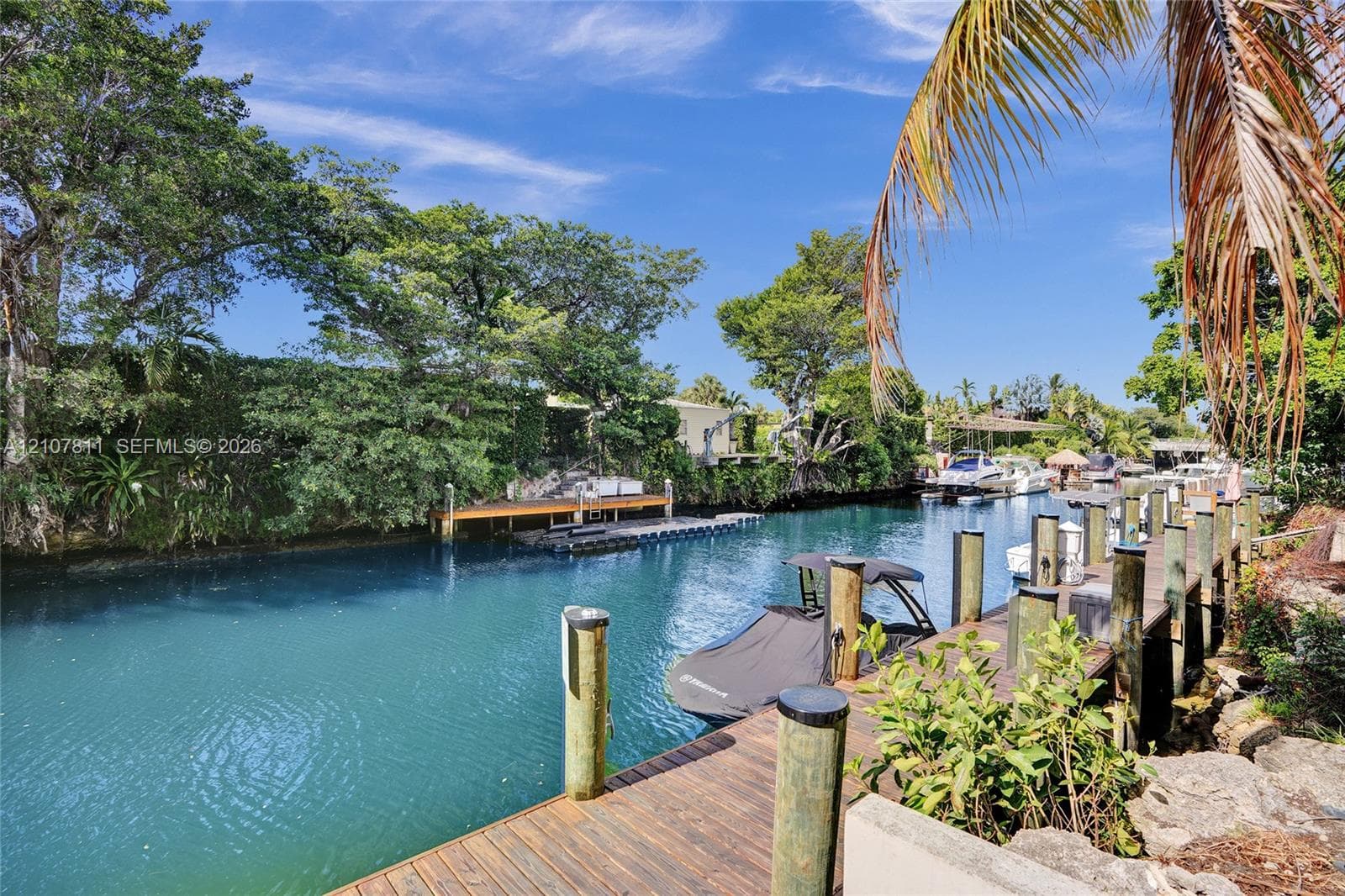 Waterfront property featuring a private wood-plank dock, piling mooring system, and mature perimeter trees