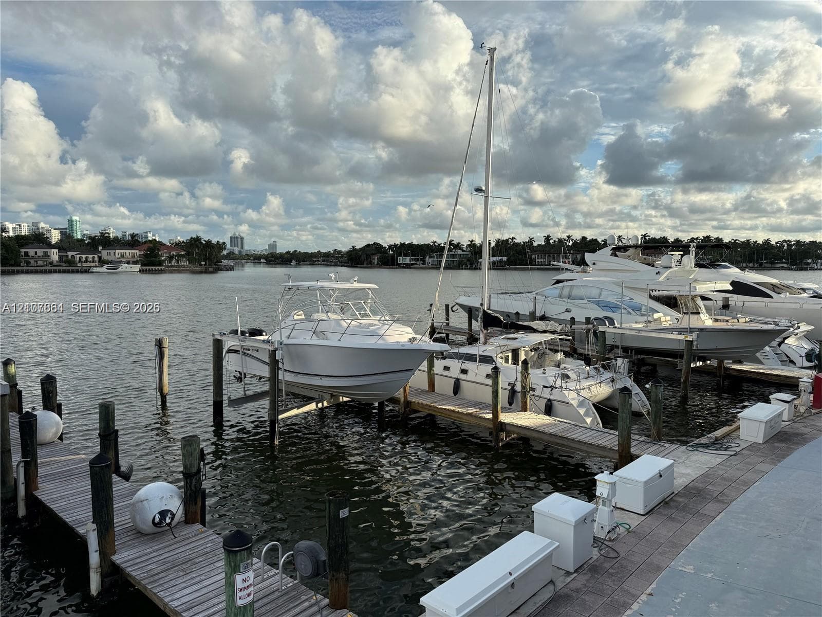 Waterfront dock with wood-plank decking, integrated boat lift, and dedicated storage lockers