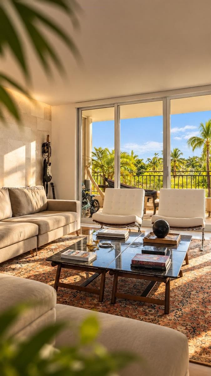 Floor-to-ceiling sliding glass doors, natural stone accent wall, and attached balcony with iron railing