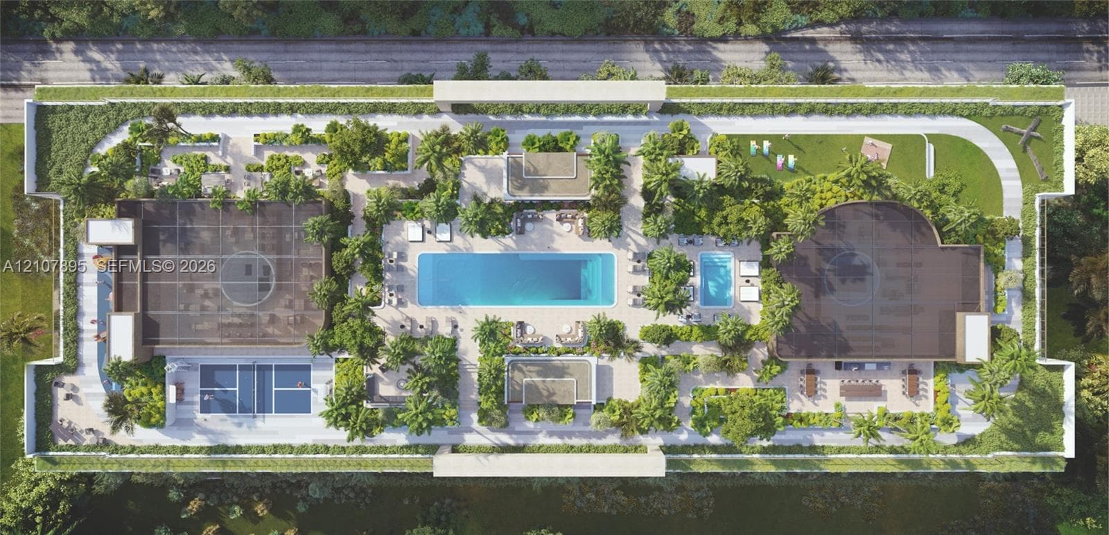 Rectangular swimming pool featuring stone paver decking and mature palm tree landscaping