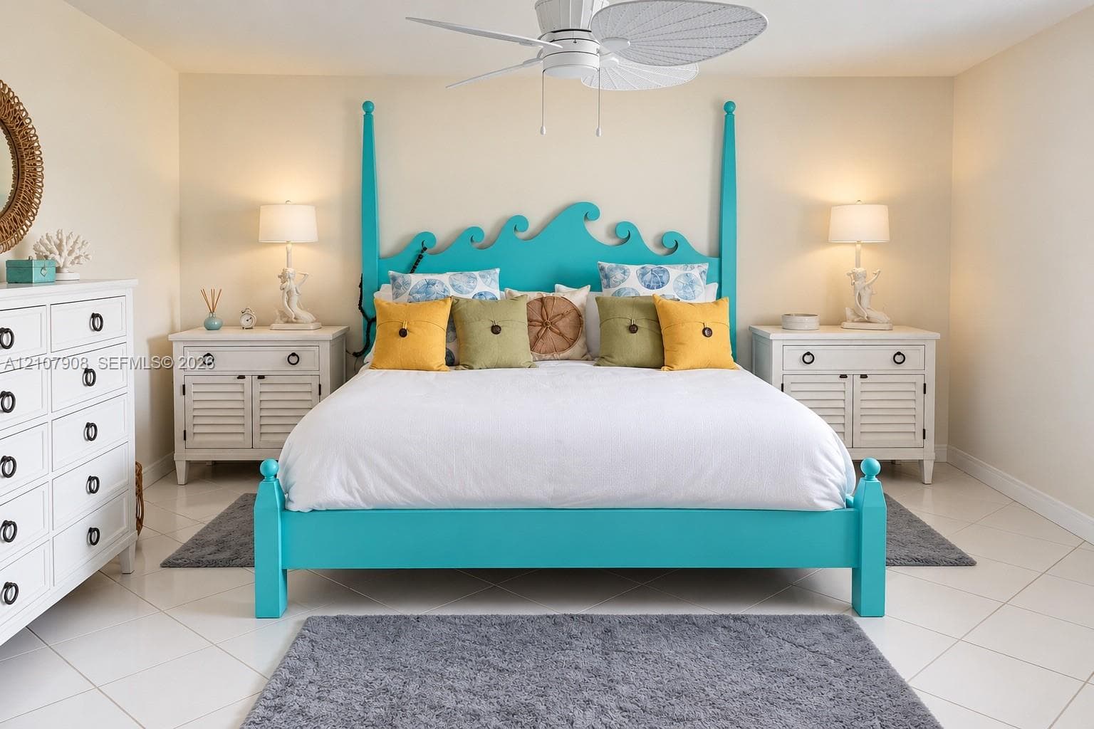 Ceramic tile flooring and white ceiling-mounted fan with integrated lighting