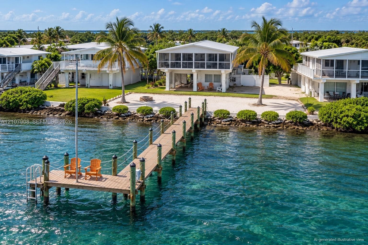 Waterfront property featuring a private wooden pier, elevated multi-level structure, stone-surfaced yard, and mature palm trees