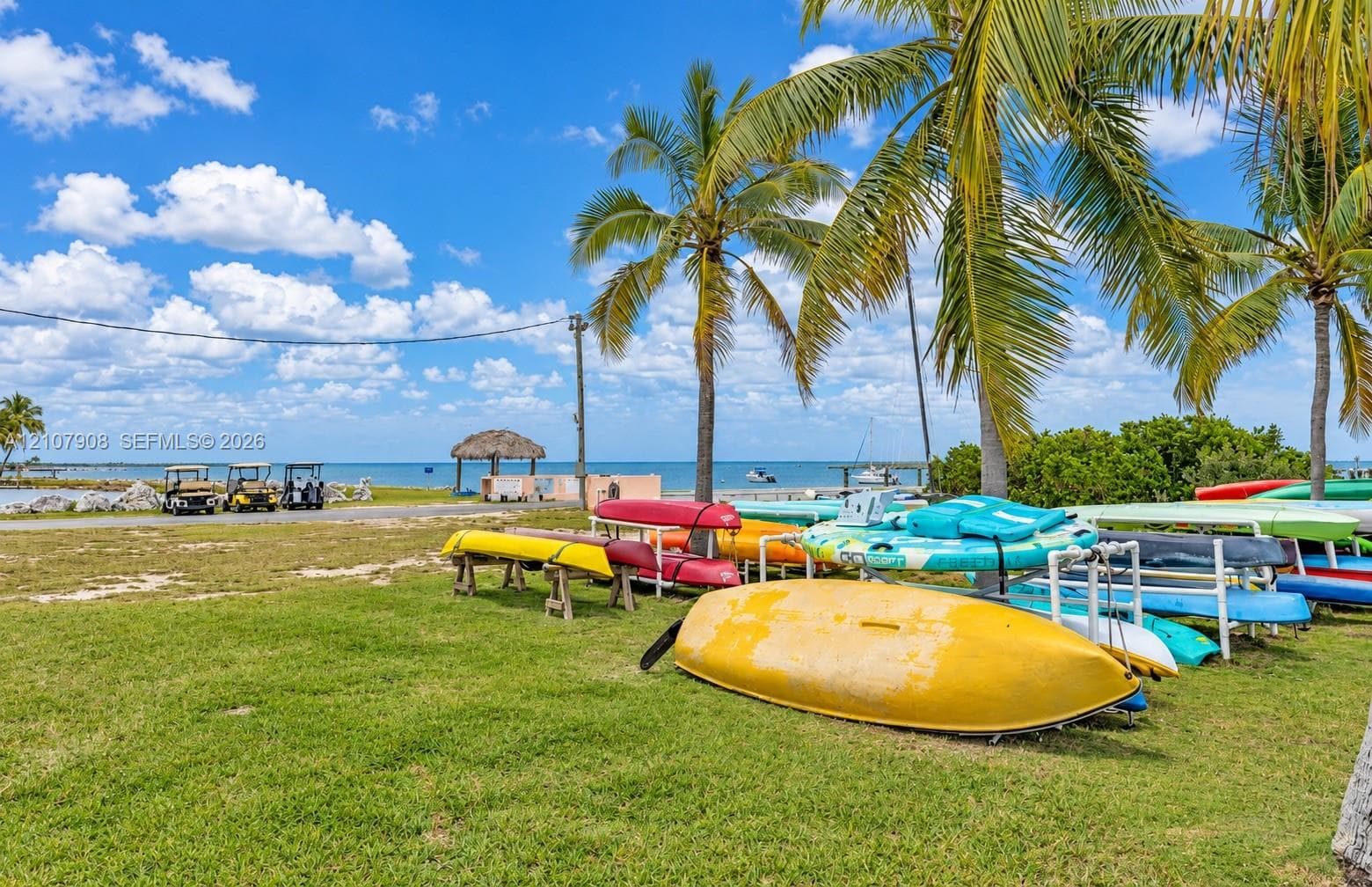 Waterfront grounds featuring mature palm trees, a thatched-roof pavilion, and direct water access