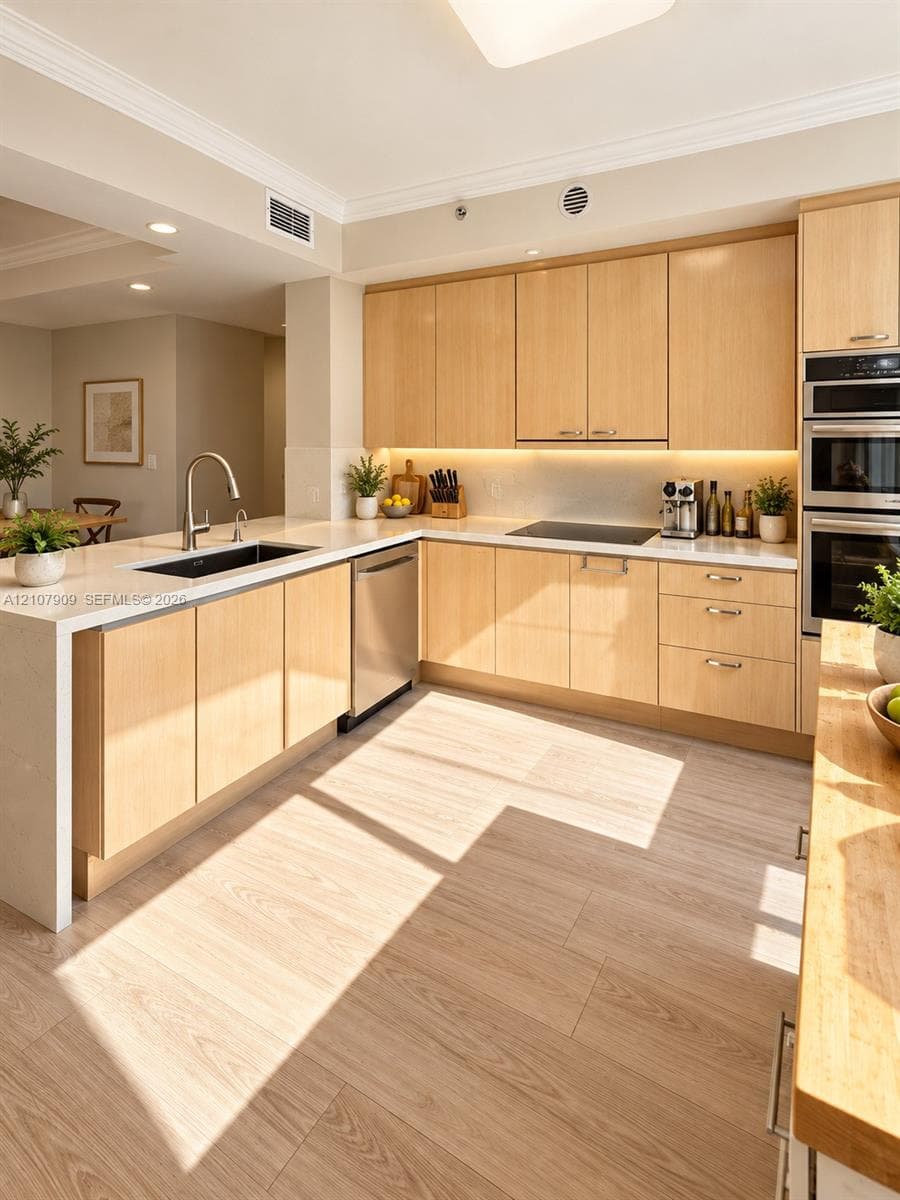 Kitchen featuring light-finish cabinetry, white countertops with an integrated waterfall edge, wood-finish flooring, undermount sink with a gooseneck faucet, and built-in wall ovens